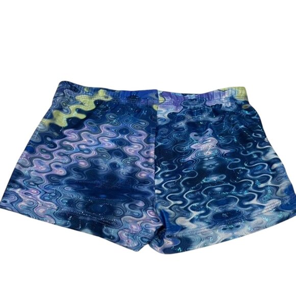 GK Elite Athletic Shorts AS Blue Purple Green Swirl Pattern Womens Gymnastics Ch - Picture 3 of 4